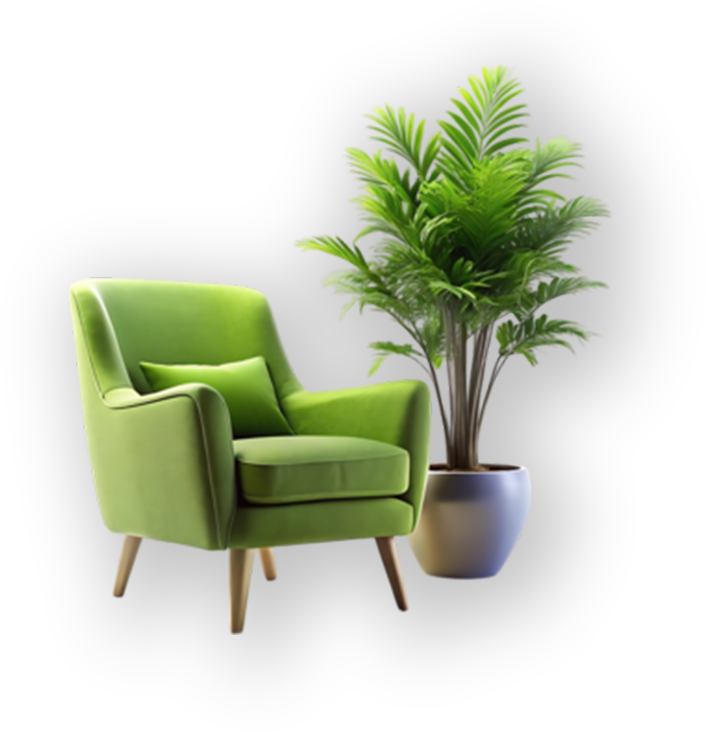 Green armchair and potted plant icon